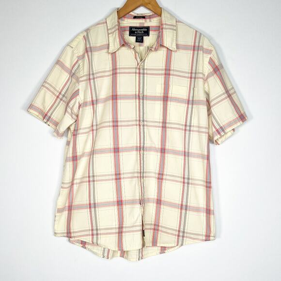 Abercrombie & Fitch Men Muscle Short Sleeve Button-up Shirt Yellow Pink Blue - Picture 1 of 8